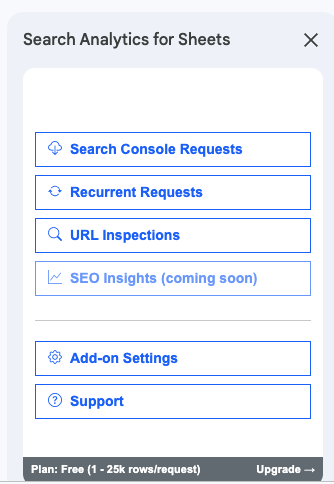 Search Analytics for Sheetsのサイドバー。Search Console Requests、Recurrent Requests、URL Inspectionsなどのメニューが並ぶ