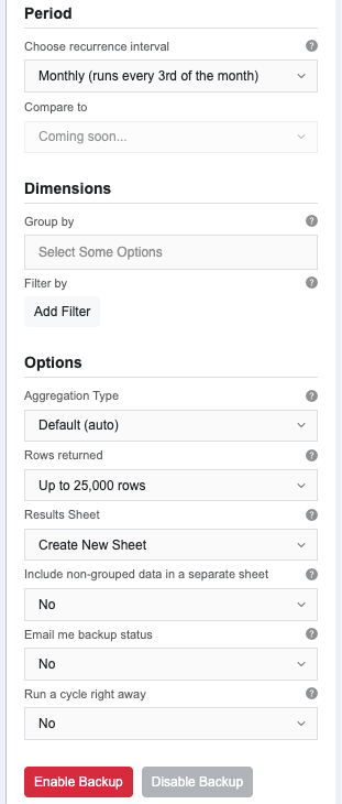 Recurrent Requestsの設定画面の後半。Period、Dimensions、Optionsを設定してEnable Backupを押す